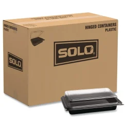 Clearance Creative Carryouts 8.75 in. x 6.2 in. x 2.2 in. Hinged Plastic Hot Deli Boxes - Black/Clear (200/Carton) Tabletop And Serveware
