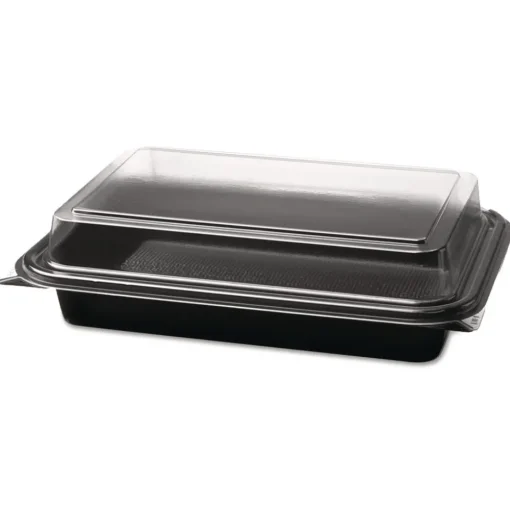 Clearance Creative Carryouts 8.75 in. x 6.2 in. x 2.2 in. Hinged Plastic Hot Deli Boxes - Black/Clear (200/Carton) Tabletop And Serveware