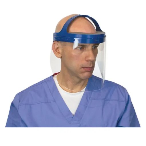 New 16.5 in. x 10.25 in. x 11 in. Fully Assembled Full Length Face Shield with Head Gear - Clear/Blue (16/Carton) Protective Head Gear