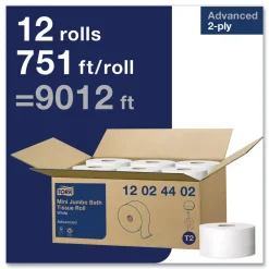 Hot Advanced 3.48 in. x 751 ft. 2-Ply Septic Safe Mini-Jumbo Roll Bath Tissue - White (12/Carton) Paper & Dispensers