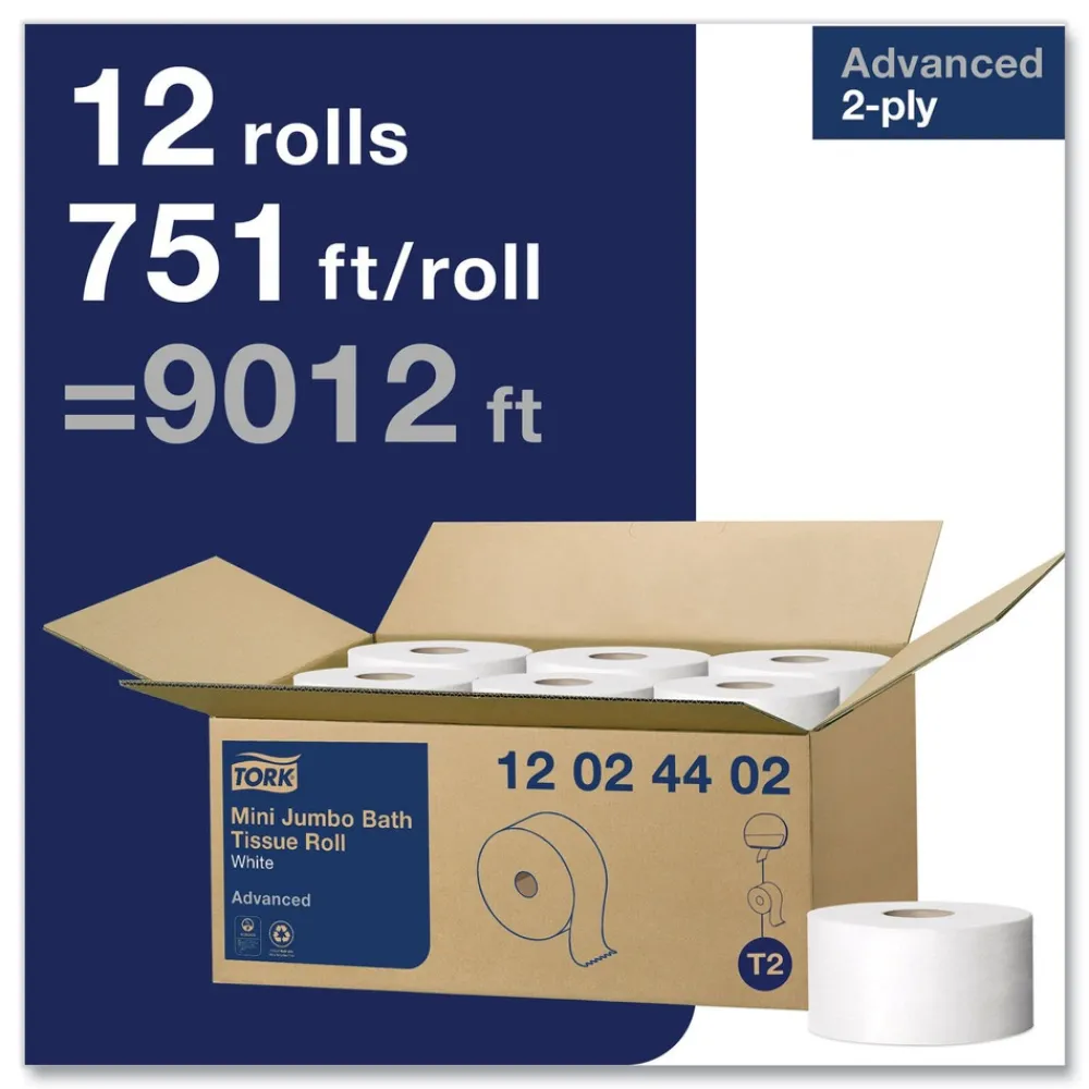 Hot Advanced 3.48 in. x 751 ft. 2-Ply Septic Safe Mini-Jumbo Roll Bath Tissue - White (12/Carton) Paper & Dispensers