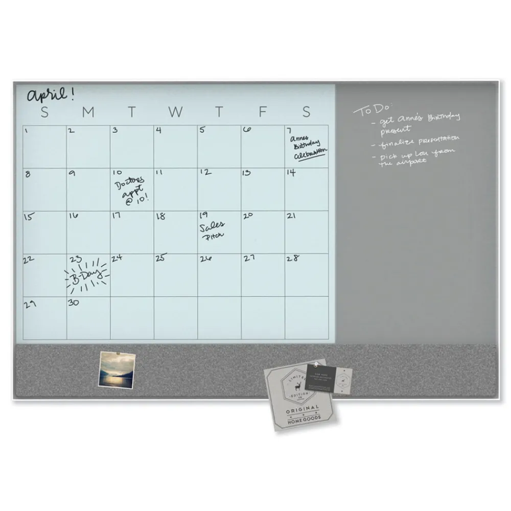 Best 35 in. x 23 in. Monthly View 3-N-1 Magnetic Glass Dry Erase Combo Board - White Aluminum Office Presentation Supplies