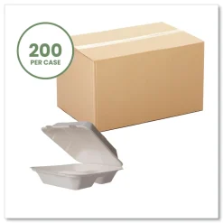 Clearance 7.9 in. x 7.9 in. x 2.9 in. Molded Fiber Compostable Sugarcane 3-Compartment Clamshell Containers - White (200/Carton) Tabletop And Serveware