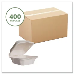 New 5.9 in. x 5.9 in. x 2.9 in. Molded Fiber Compostable Sugarcane Clamshell Containers - White (400/Carton) Tabletop And Serveware