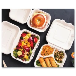 New 5.9 in. x 5.9 in. x 2.9 in. Molded Fiber Compostable Sugarcane Clamshell Containers - White (400/Carton) Tabletop And Serveware