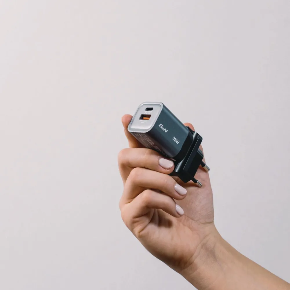 35 Watts 2-Port GaN Wall Charger - Black/Gray Office Electronics & Batteries