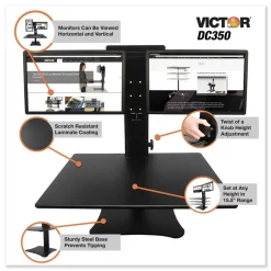 Discount DC350A High Rise 28 in. x 23 in. x 10.5 in. to 15.5 in. Dual Monitor Standing Desk Workstation - Black Office Furniture & Lighting