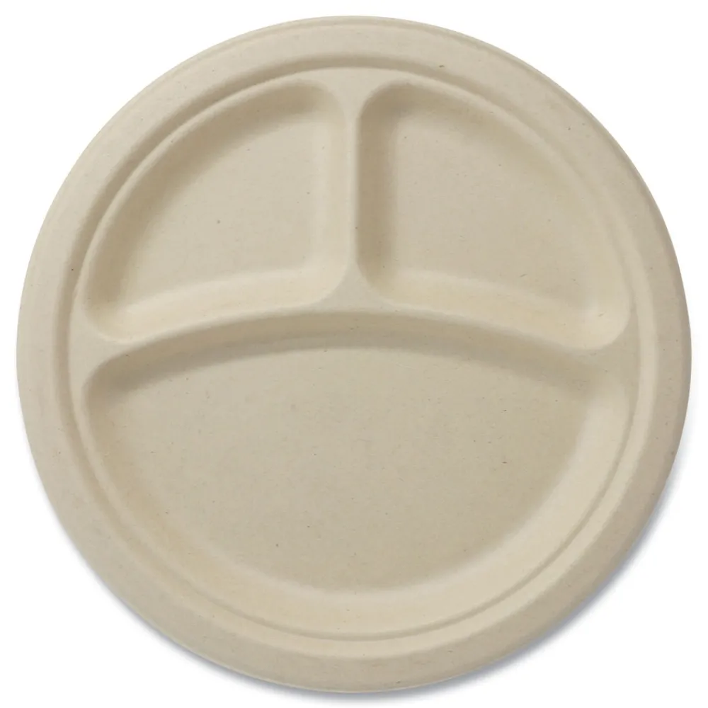 Clearance PLSC9TLFS 9 in. Diameter 3-Compartment Paper Fiber Plates - Natural (1000/Carton) Tabletop And Serveware