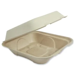 New TO-SC-U9-LFP 9.2 in. x 9.1 in. x 3.2 in. Paper Fiber Hinged Containers - Natural (300/Carton) Tabletop And Serveware